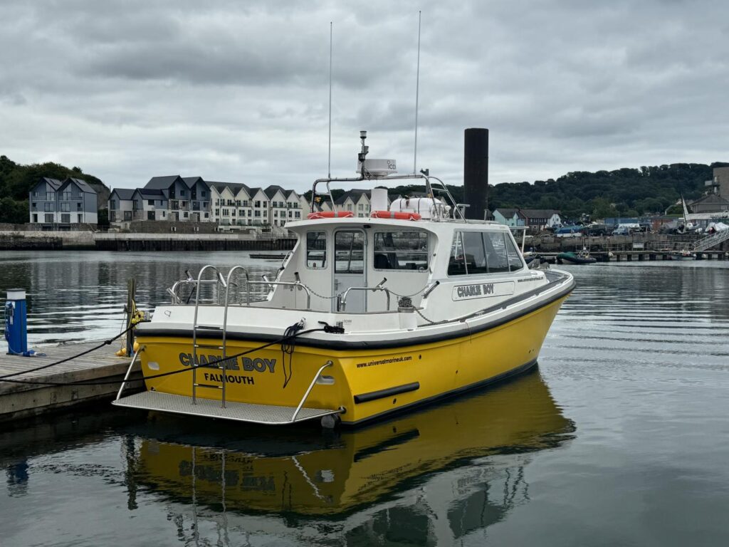 Universal Marine Plymouth Workboat Charter Charlie Boy Lochin 333 Alongside Pontoon Starboard Stern View