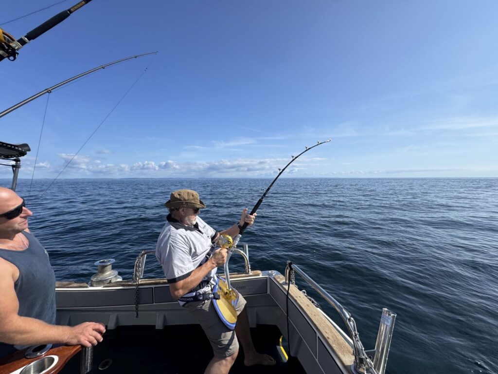 Mighty Blue Fin Tuna putting up a fight. On board with Opportunity Charters